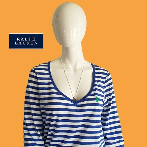 RALPH LAUREN Blue Label Striped Lime Pony V-Neck Long-Sleeve T-Shirt L - Picture 7 of 12